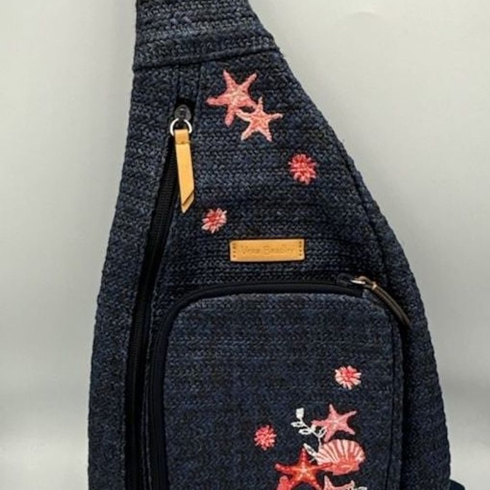 Vera Bradley Woven Sling Backpack in Navy Blue with Sea Life Embroidery